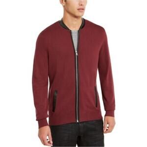 NWT INC International Concepts Men Zip Up Faux Leather Trim Burgundy Cardigan L
